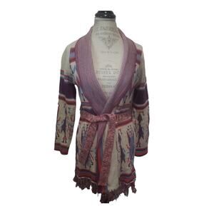 Forever 21 Colorful Boho Tribal Long Cardigan Sweater Fringed Tie for Belt